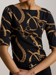 Lauren Ralph Lauren Black Judy Bridle Print Stretch Cotton Boat Neck Mid Sleeve T-Shirt - Image 4 of 4