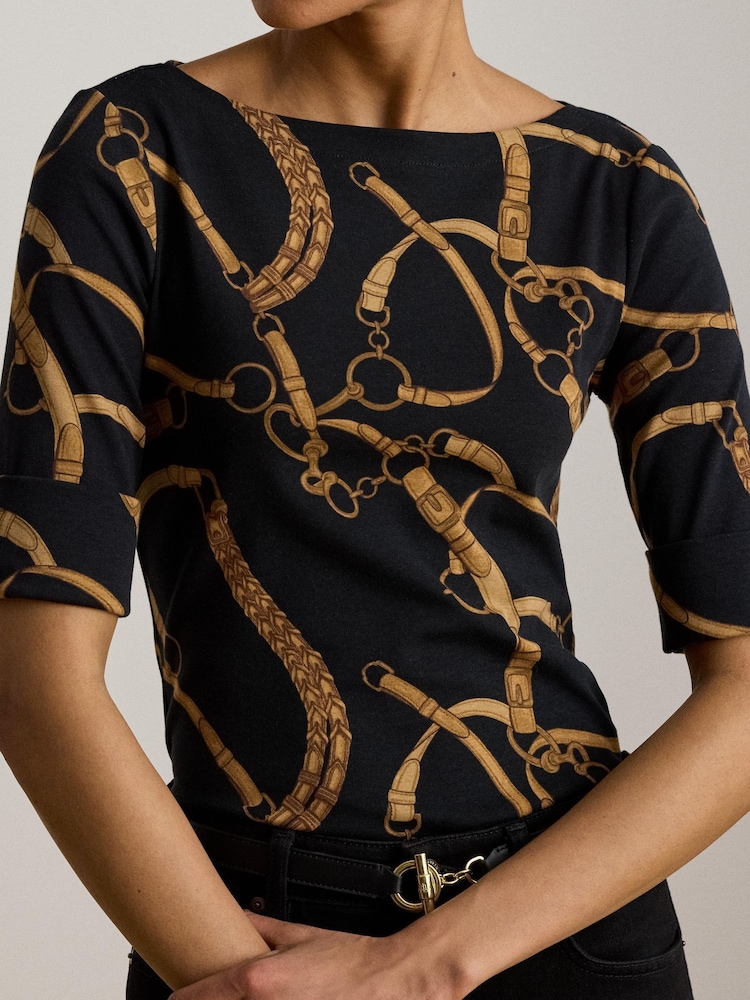 Lauren Ralph Lauren Black Judy Bridle Print Stretch Cotton Boat Neck Mid Sleeve T-Shirt - Image 4 of 4 Lauren Ralph Lauren Black Judy Bridle Print Stretch Cotton Boat Neck Mid Sleeve T-Shirt - Image 4 of 4