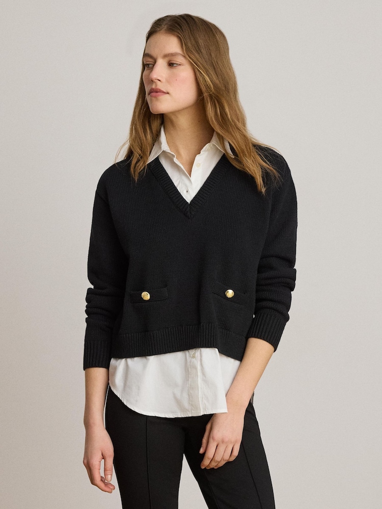 Lauren Ralph Lauren Black Combed Cotton 2-in-1 V-Neck Sweater with Attached Shirt - Image 1 of 6 Lauren Ralph Lauren Black Combed Cotton 2-in-1 V-Neck Sweater with Attached Shirt - Image 1 of 6