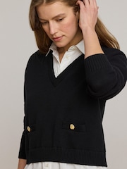 Lauren Ralph Lauren Black Combed Cotton 2-in-1 V-Neck Sweater with Attached Shirt - Image 4 of 6