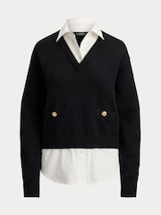 Lauren Ralph Lauren Black Combed Cotton 2-in-1 V-Neck Sweater with Attached Shirt - Image 6 of 6