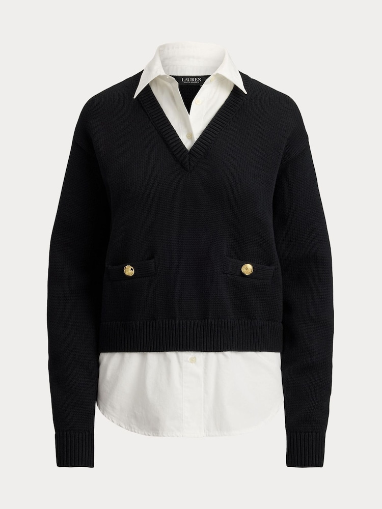 Lauren Ralph Lauren Black Combed Cotton 2-in-1 V-Neck Sweater with Attached Shirt - Image 6 of 6 Lauren Ralph Lauren Black Combed Cotton 2-in-1 V-Neck Sweater with Attached Shirt - Image 6 of 6