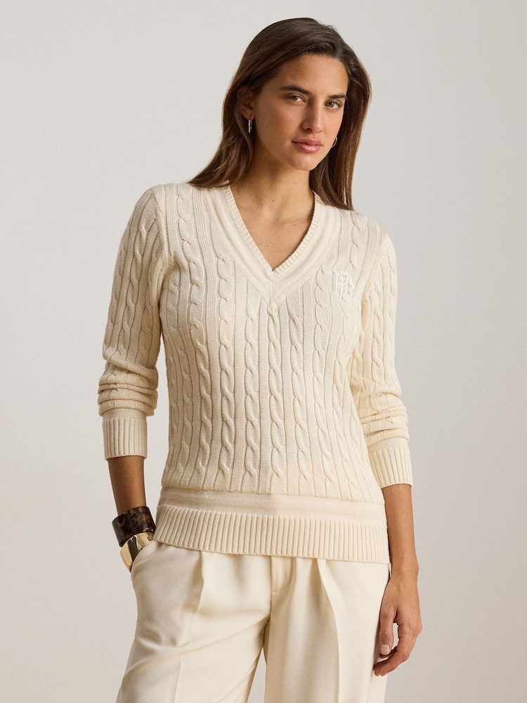 Lauren Ralph Lauren Cream Meren Cotton Blend V-Neck Cricket Sweater with Tonal Logo - Image 1 of 6 Lauren Ralph Lauren Cream Meren Cotton Blend V-Neck Cricket Sweater with Tonal Logo - Image 1 of 6