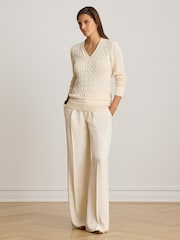 Lauren Ralph Lauren Cream Meren Cotton Blend V-Neck Cricket Sweater with Tonal Logo - Image 3 of 6