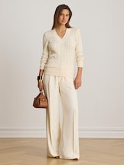 Lauren Ralph Lauren Cream Meren Cotton Blend V-Neck Cricket Sweater with Tonal Logo - Image 4 of 6
