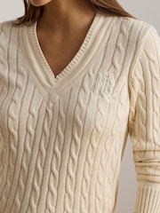 Lauren Ralph Lauren Cream Meren Cotton Blend V-Neck Cricket Sweater with Tonal Logo - Image 5 of 6