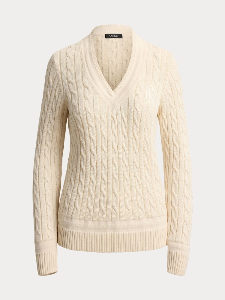 Lauren Ralph Lauren Cream Meren Cotton Blend V-Neck Cricket Sweater with Tonal Logo - Image 6 of 6 Lauren Ralph Lauren Cream Meren Cotton Blend V-Neck Cricket Sweater with Tonal Logo - Image 6 of 6