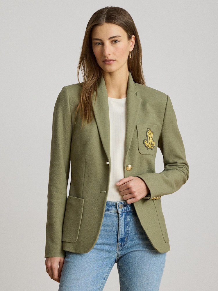 Lauren Ralph Lauren Green Anfisa Stretch Cotton Pique Jacket with Crest - Image 1 of 5 Lauren Ralph Lauren Green Anfisa Stretch Cotton Pique Jacket with Crest - Image 1 of 5