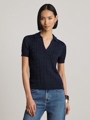 Lauren Ralph Lauren Blue Cable Knit Short Sleeve Polo Sweater - Image 1 of 4