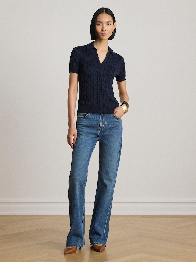 Lauren Ralph Lauren Blue Cable Knit Short Sleeve Polo Sweater - Image 2 of 4 Lauren Ralph Lauren Blue Cable Knit Short Sleeve Polo Sweater - Image 2 of 4