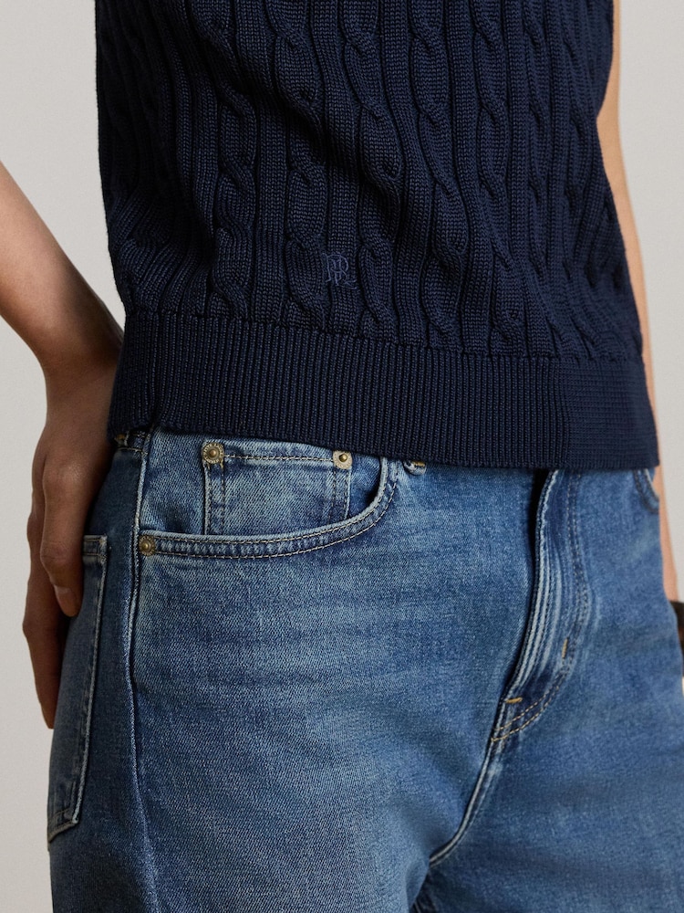 Lauren Ralph Lauren Blue Cable Knit Short Sleeve Polo Sweater - Image 4 of 4 Lauren Ralph Lauren Blue Cable Knit Short Sleeve Polo Sweater - Image 4 of 4