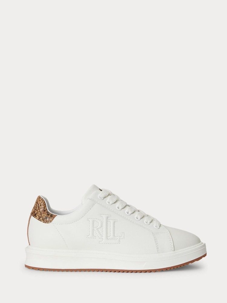 Lauren Ralph Lauren White Ainsley Leather Low Top Trainers With Contrast Python Heel Tab - Image 1 of 4