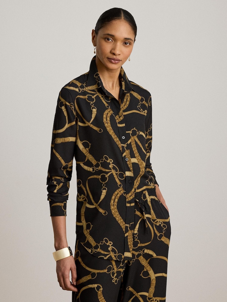 Lauren Ralph Lauren Black Crepe de Chine Bridle Print Shirt - Image 2 of 5 Lauren Ralph Lauren Black Crepe de Chine Bridle Print Shirt - Image 2 of 5