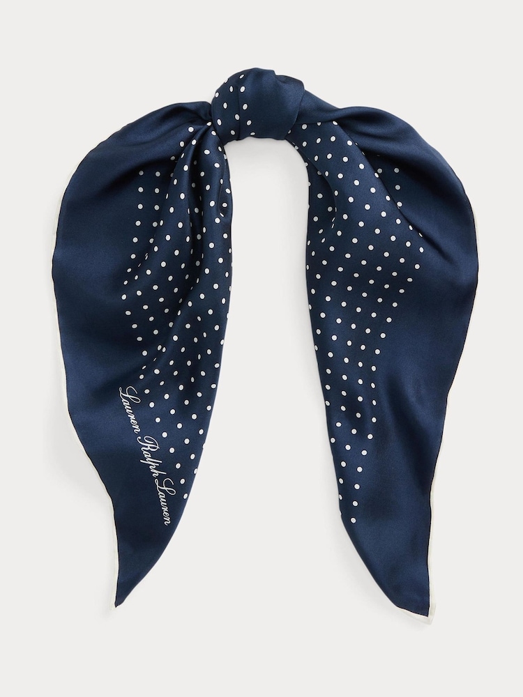 Lauren Ralph Lauren Blue Polka Dot Satin Small Square Scarf - Image 1 of 3 Lauren Ralph Lauren Blue Polka Dot Satin Small Square Scarf - Image 1 of 3