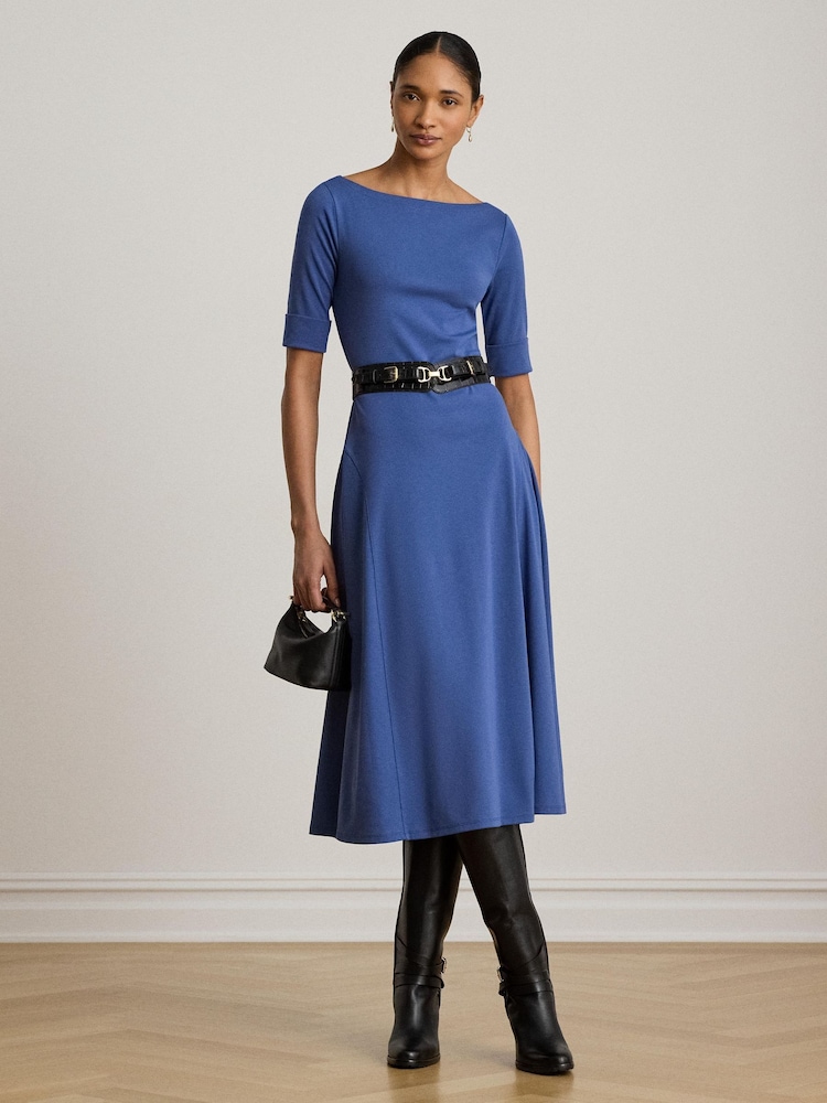 Lauren Ralph Lauren Blue Munzie Cotton Stretch Jersey Boat Neck Mid Sleeve Dress - Image 1 of 6