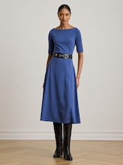 Lauren Ralph Lauren Blue Munzie Cotton Stretch Jersey Boat Neck Mid Sleeve Dress - Image 5 of 6