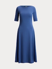 Lauren Ralph Lauren Blue Munzie Cotton Stretch Jersey Boat Neck Mid Sleeve Dress - Image 6 of 6