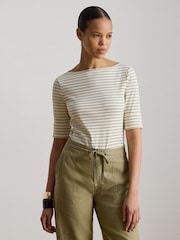 Lauren Ralph Lauren Cream Judy Striped Stretch Cotton Boat Neck Mid Sleeve T-Shirt - Image 1 of 4