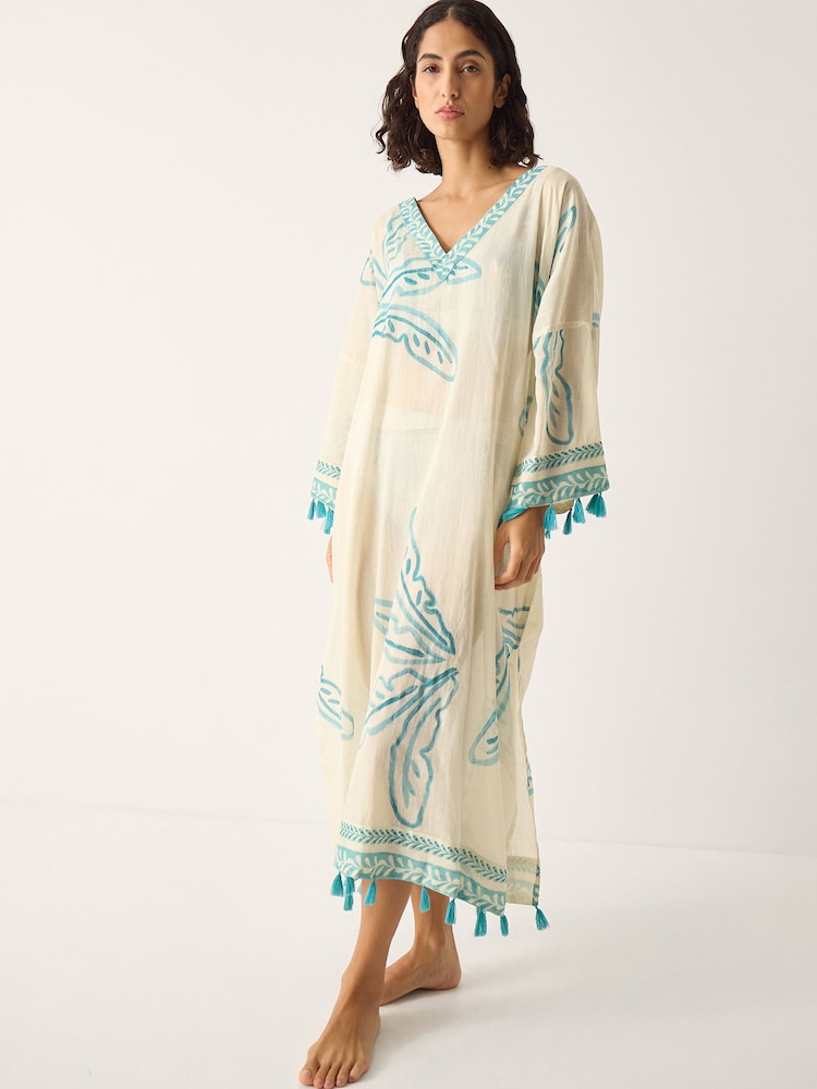 Monsoon Cream Pam Palm Print Kaftan - Image 1 of 6 Monsoon Cream Pam Palm Print Kaftan - Image 1 of 6