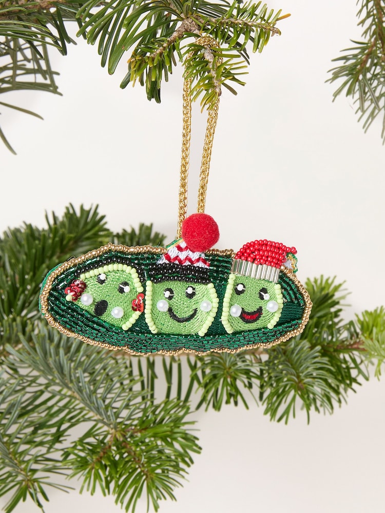 FatFace Green Peas in a Pod Beaded Christmas Decoration - Image 1 of 3 FatFace Green Peas in a Pod Beaded Christmas Decoration - Image 1 of 3