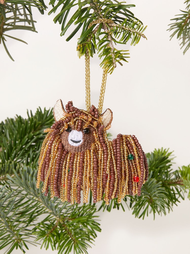 FatFace Brown Highland Cow Beaded Christmas Decoration - Image 1 of 3