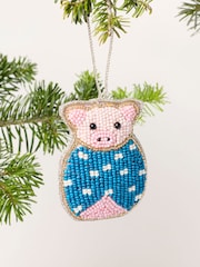 FatFace Teal Blue Pig in Blanket Beaded Christmas Decoration - Image 1 of 3