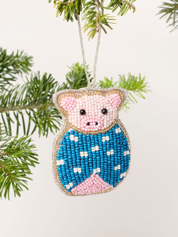 FatFace Teal Blue Pig in Blanket Beaded Christmas Decoration - Image 1 of 3