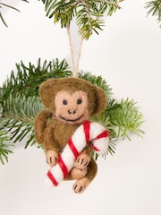 FatFace Brown Candy Cane Monkey Felt Christmas Decoration - Image 1 of 3