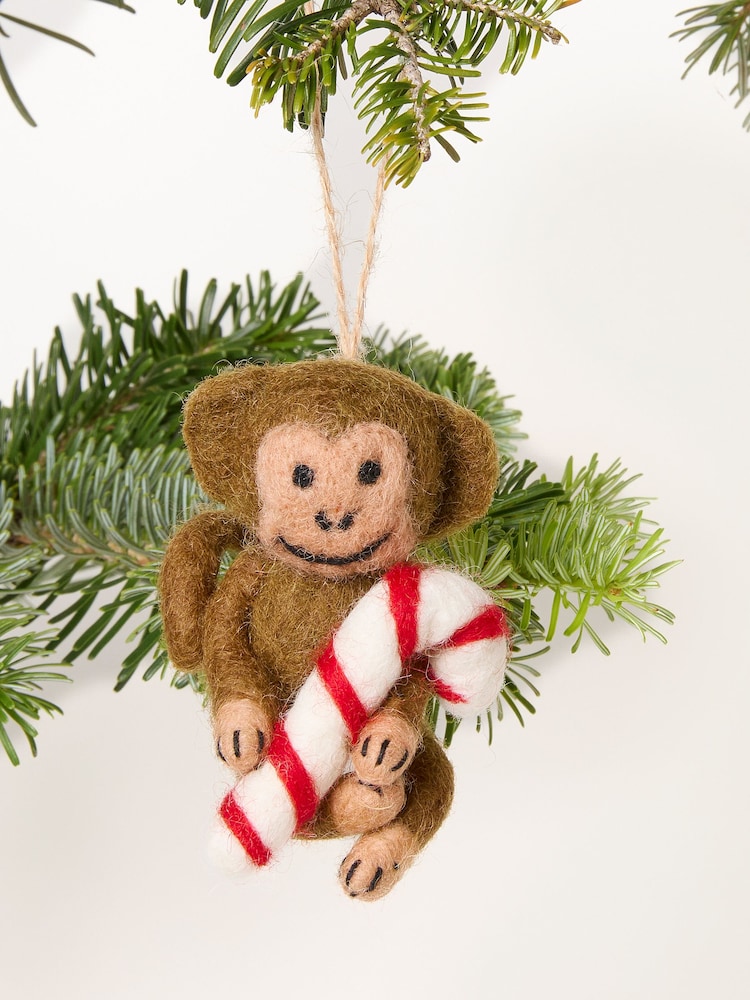 FatFace Brown Candy Cane Monkey Felt Christmas Decoration - Image 1 of 3