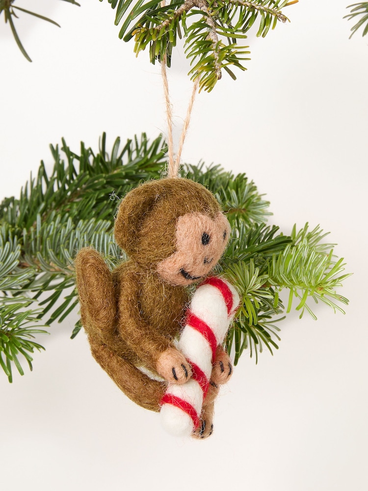 FatFace Brown Candy Cane Monkey Felt Christmas Decoration - Image 2 of 3