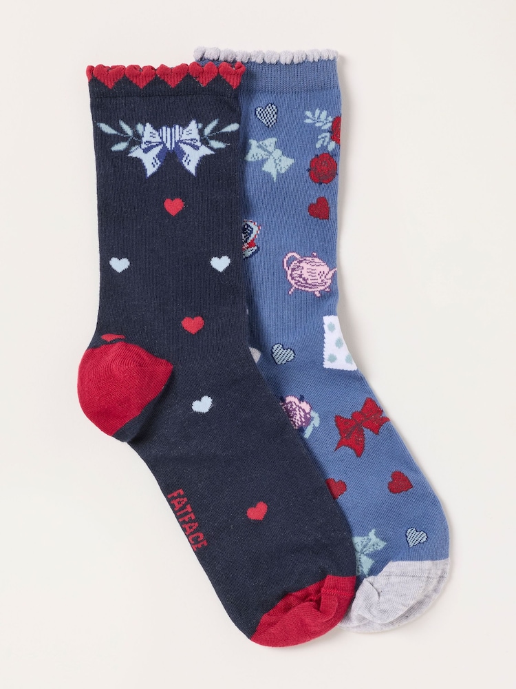 FatFace V&A | FatFace Multi 2 Pack Heart and Bow Socks in a Box - Image 1 of 4 FatFace V&A | FatFace Multi 2 Pack Heart and Bow Socks in a Box - Image 1 of 4