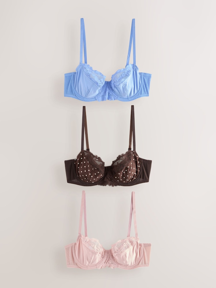 Chocolate Spot/Blue/Pink 3 Pack Non Padded Full Cup Bras - Image 1 of 6