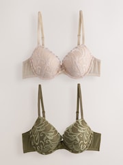Green/Ecru Padded Plunge Padded Embroidered Bras 2 Pack - Image 1 of 11