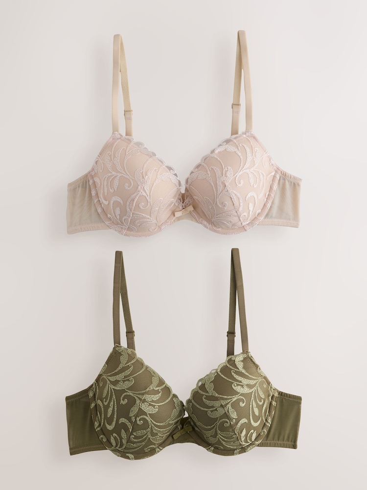 Green/Ecru Padded Plunge Padded Embroidered Bras 2 Pack - Image 1 of 11