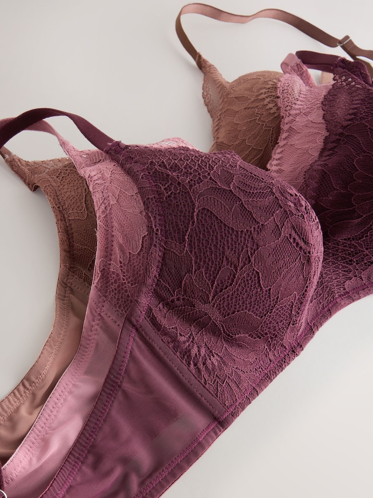 Plum/Mocha/Pink Padded Non Wire Lace Bras 3 Pack - Image 10 of 10 Plum/Mocha/Pink Padded Non Wire Lace Bras 3 Pack - Image 10 of 10