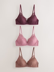 Plum/Mocha/Pink Padded Non Wire Lace Bras 3 Pack - Image 8 of 10