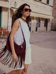 Berry Red N. Premium Leather Fringe Shoulder Bag - Image 1 of 2