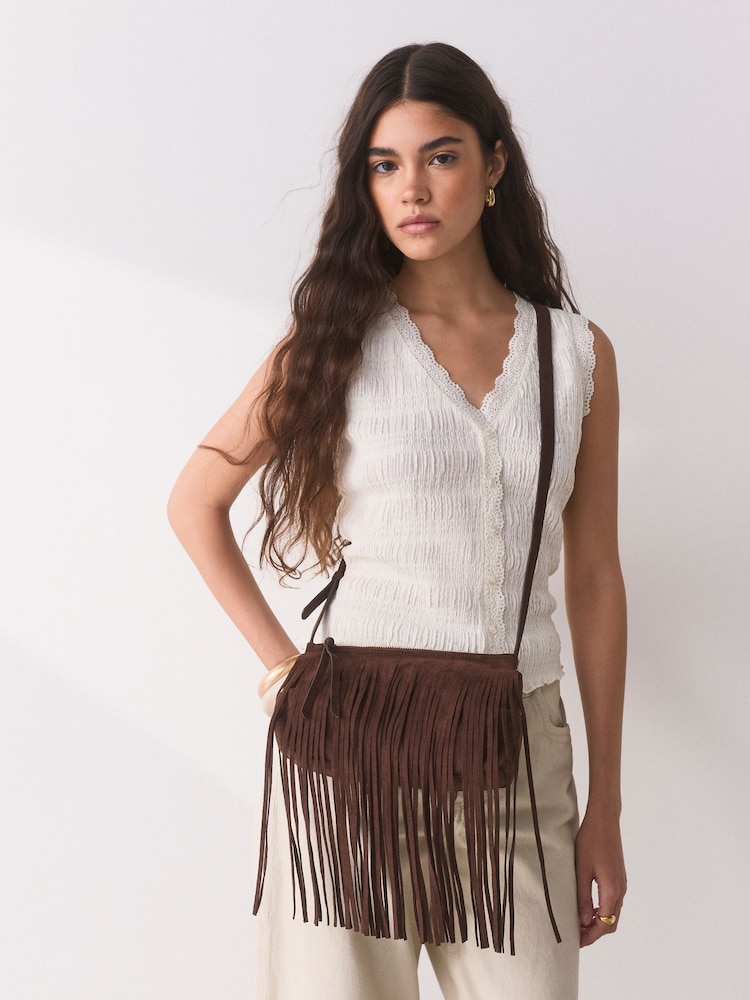 Chocolate Brown Suedette Fringe Cross-Body Bag - Image 1 of 3