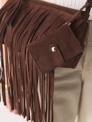 Chocolate Brown Suedette Fringe Cross-Body Bag - Image 3 of 3