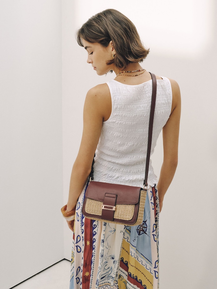 Chocolate Brown Raffia Effect Hardware Cross-Body Bag - Image 1 of 6 Chocolate Brown Raffia Effect Hardware Cross-Body Bag - Image 1 of 6