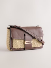 Chocolate Brown Raffia Effect Hardware Cross-Body Bag - Image 2 of 6
