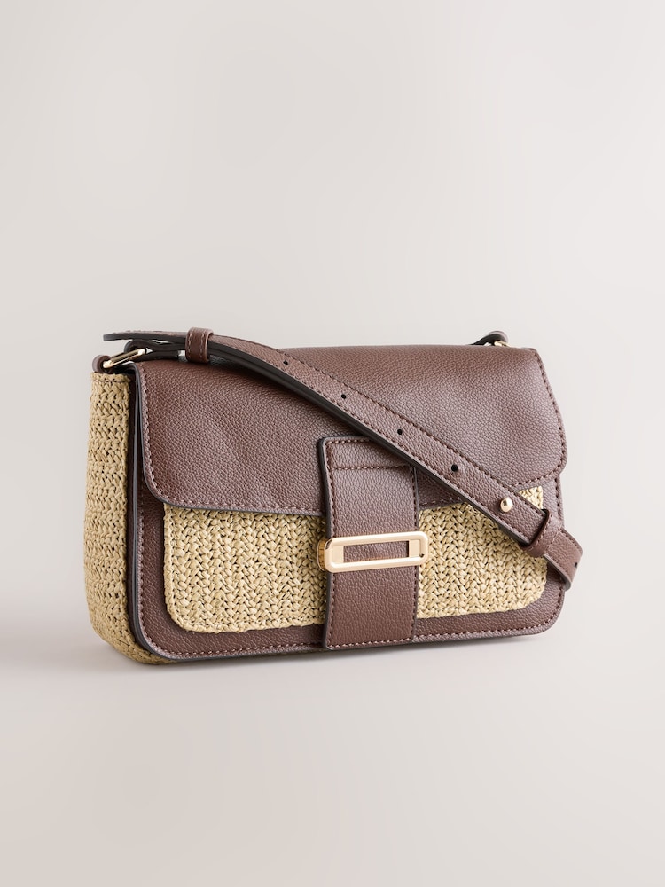 Chocolate Brown Raffia Effect Hardware Cross-Body Bag - Image 2 of 6 Chocolate Brown Raffia Effect Hardware Cross-Body Bag - Image 2 of 6