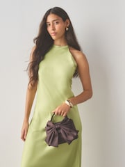 Chocolate Brown Satin Effect Bow Hand Held Bag - Image 1 of 9