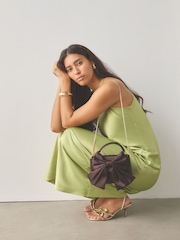 Chocolate Brown Satin Effect Bow Hand Held Bag - Image 3 of 9