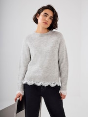 Mint Velvet Grey Lace Detail Wool Blend Jumper - Image 1 of 8