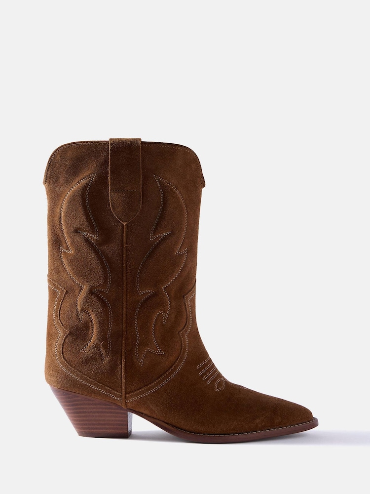 Mint Velvet Brown Sierra Suede Cowboy Boots - Image 1 of 5 Mint Velvet Brown Sierra Suede Cowboy Boots - Image 1 of 5
