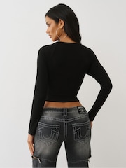 True Religion Black Ribbed V Notched Longsleeve Croptop - Image 2 of 5