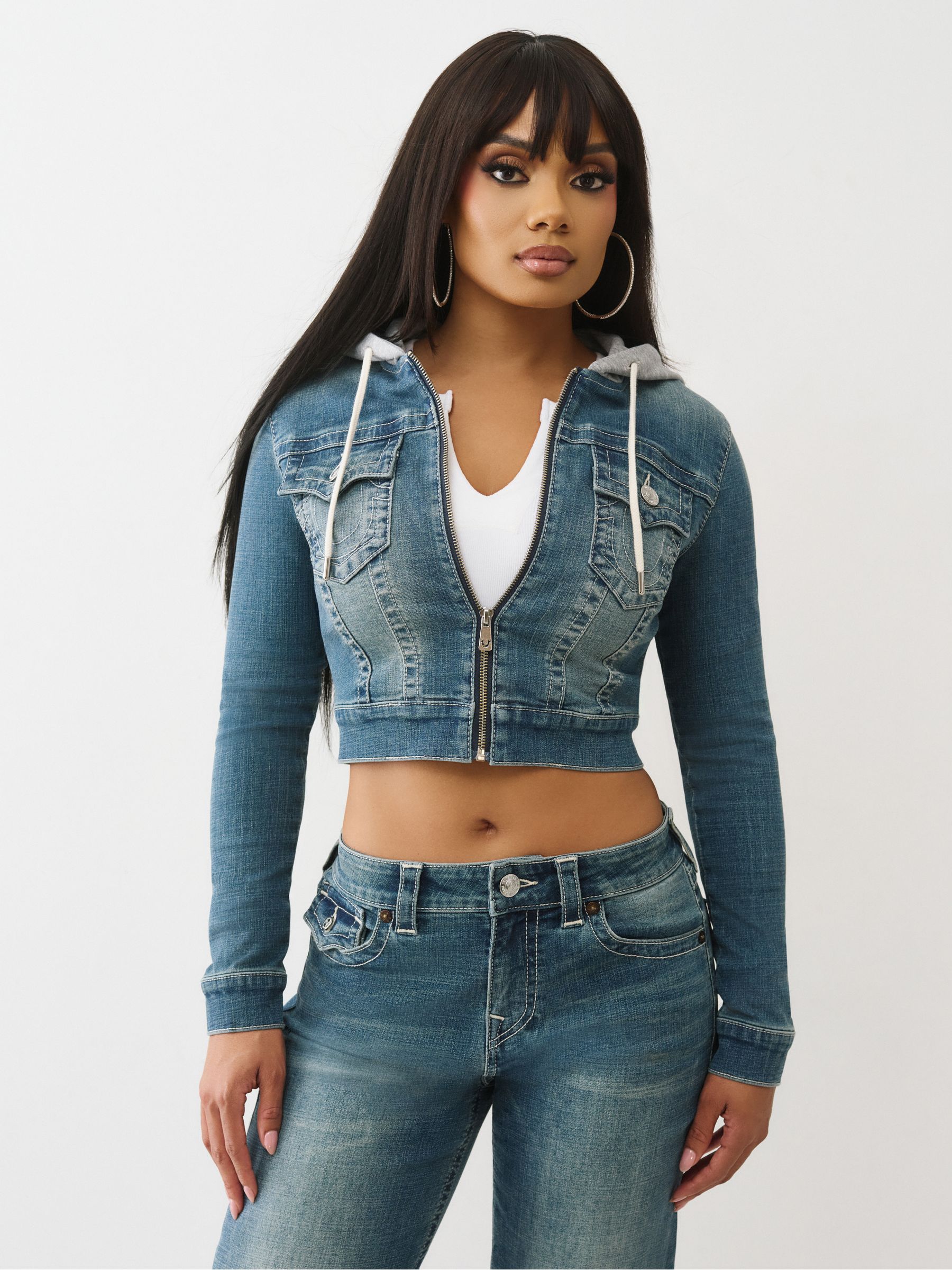 Buy True Religion Blue Shrunken Denim Hoodie Jacket from the Next