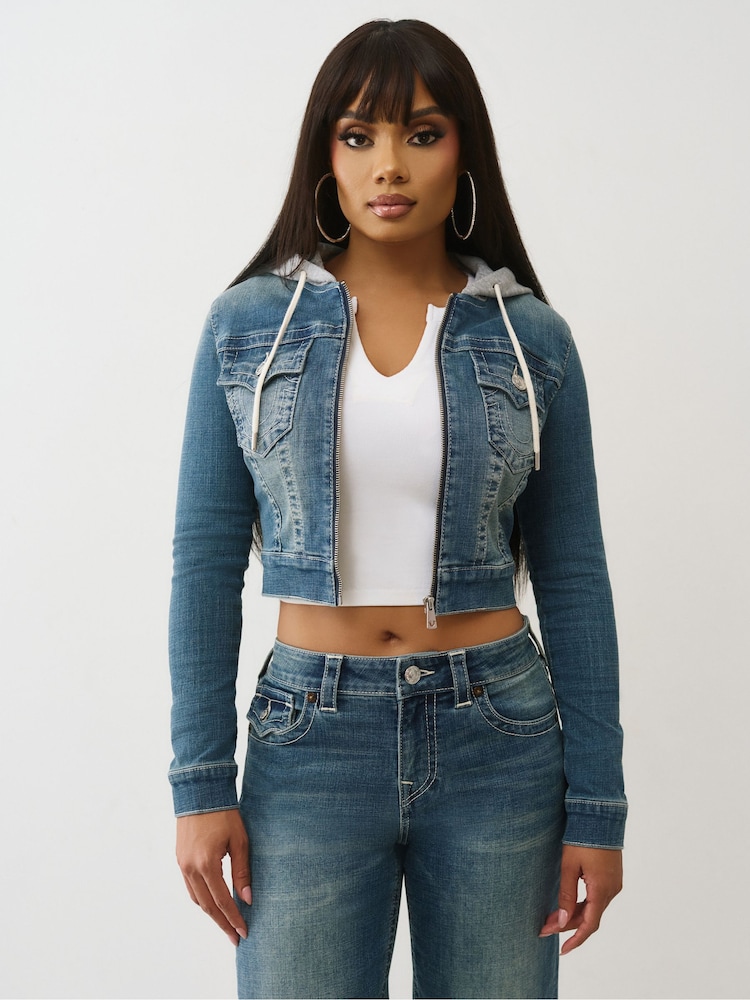 True Religion Blue Shrunken Denim Hoodie Jacket - Image 2 of 6