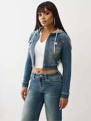 True Religion Blue Shrunken Denim Hoodie Jacket - Image 5 of 6